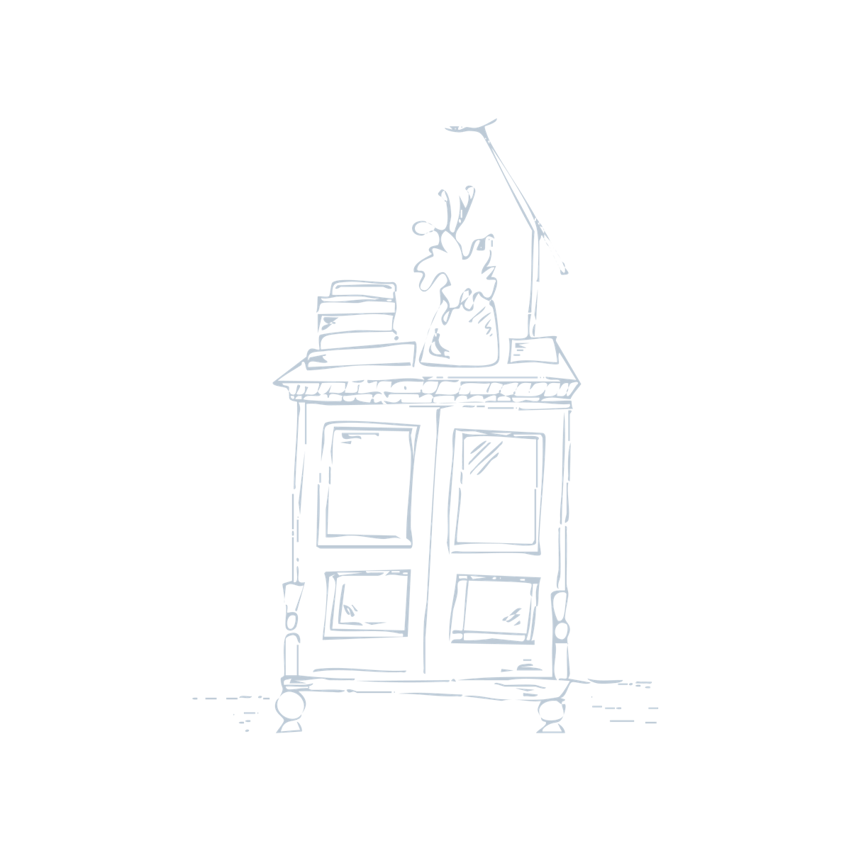 Illustrated bookshelf in blue tones, representing the resources and support available at The Village GP